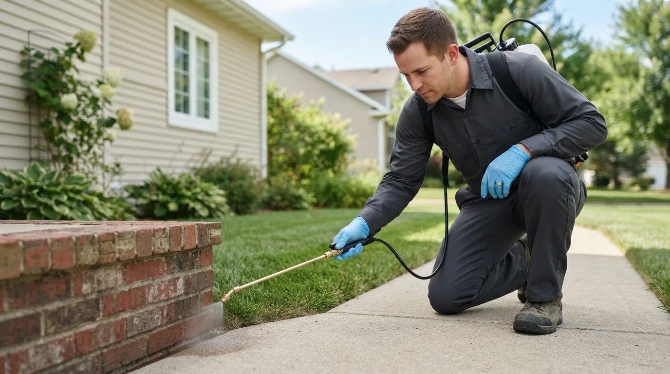 Pest control technician treating a home near Lawn, TX